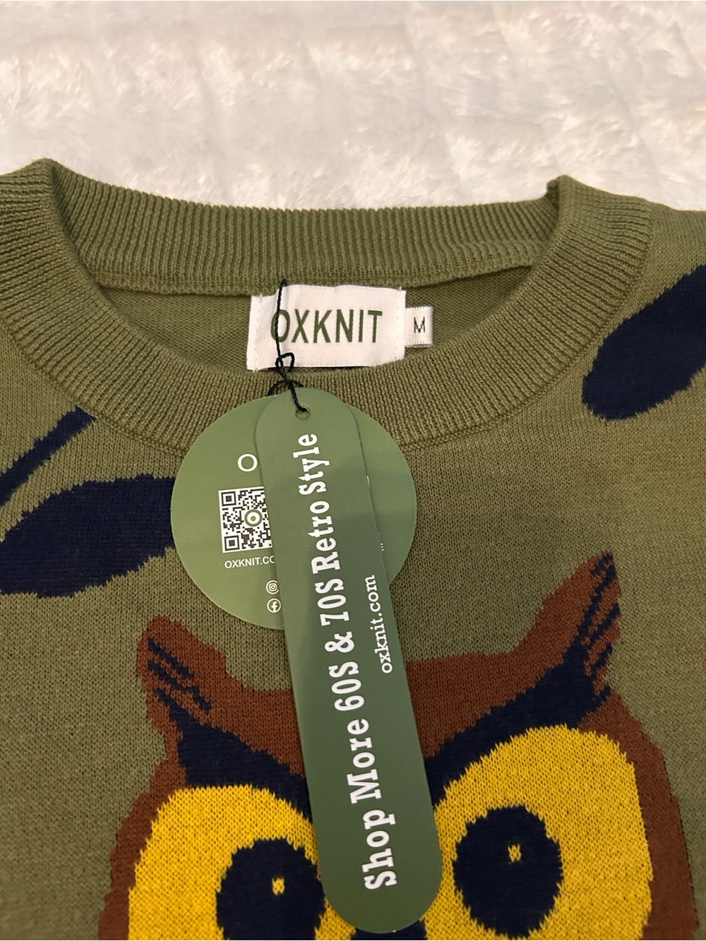 OXKNIT Olive Owl Intarsia Ruffle-Cuff Crewneck Sweater - Picture 4 of 5